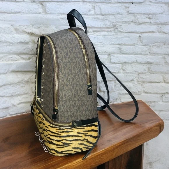 Micheal Kors Rhea Studded Logo and Tiger Print Calf Hair Backpack + Wallet NWT